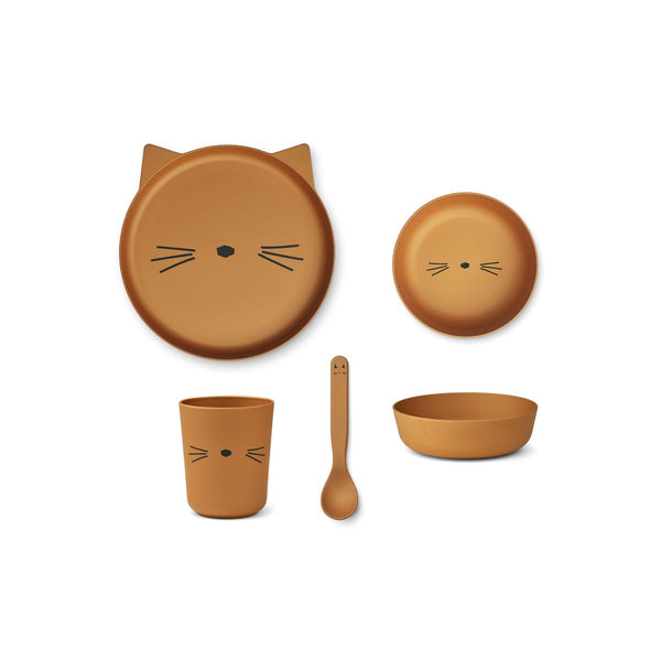 Otroški-jedilni-set-iz-BIO-plastike-Liewood-Brody-JuniorSet - Cat-Golden-Caramel