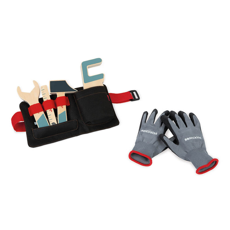 Delovni pas z lesenim orodjem Janod DIY Brico tool belt with wooden tools and gloves