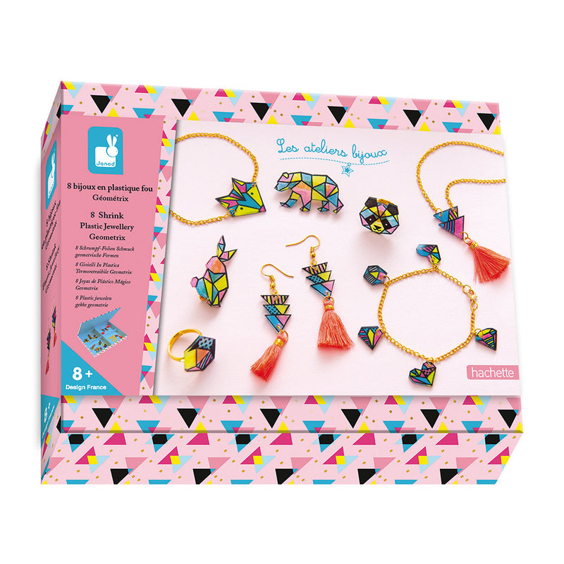 Kreativni set za izdelovanje nakita iz skrčljive plastike Janod 8 Geometrix Shrink Plastic Jewellery