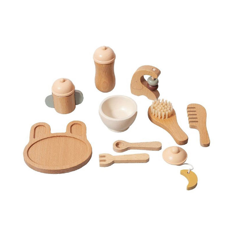 Lesen igralni komplet za nego in hranjenje dojenčka Petit Monkey Wooden Baby Feeding Set (10 kosov)