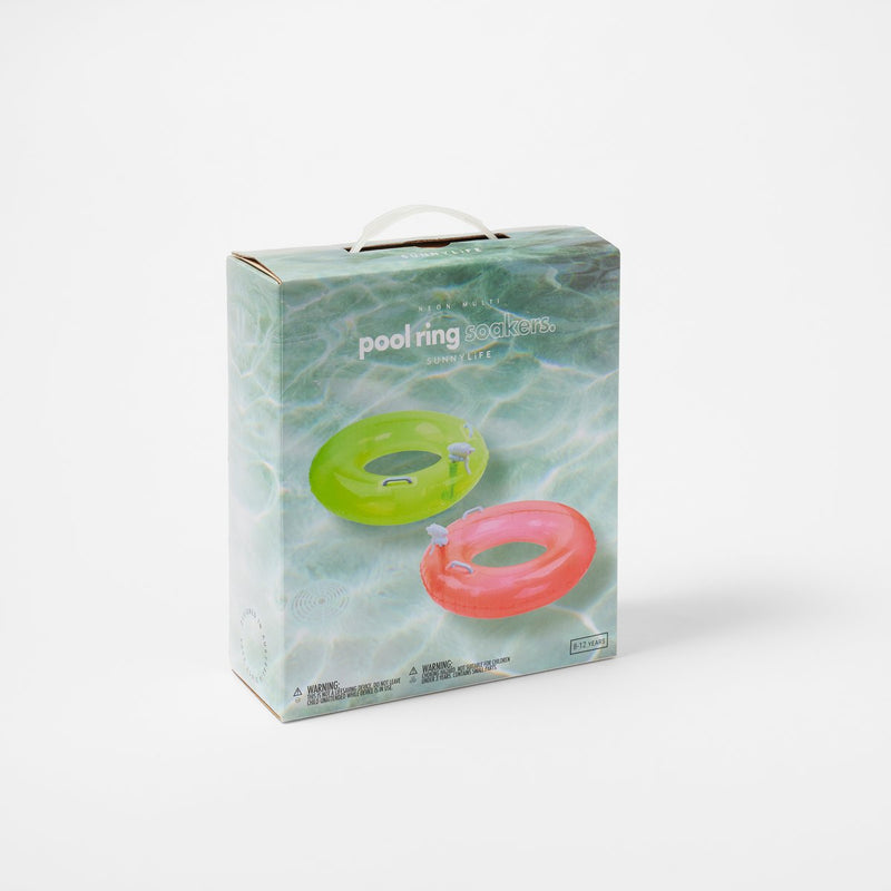 Komplet 2 napihljivih plavalnih obročev za vodo z vodnimi pištolami Sunnylife Pool Ring Soakers - Neon
